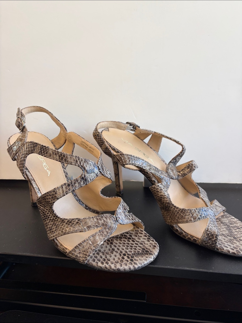 Via Spiga Snake-Embossed Strappy Heels in Taupe and Beige